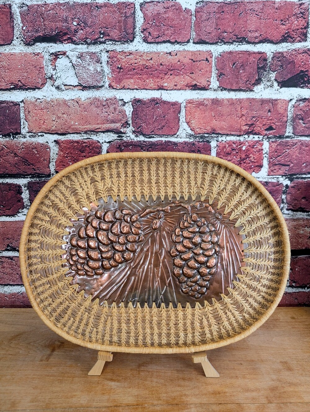 Pine Needle & Hammered Copper Pinecone Basket Tray, Handmade